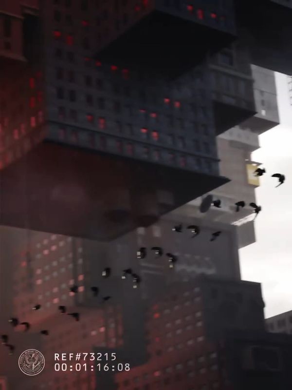 Brutalist blocks hang over a Manhattan skyline as a flock scatters, from EDGLRD's CONTROL Resonant campaign