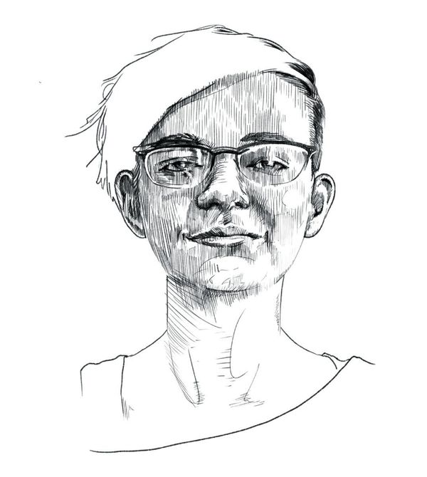 Pen and ink portrait of Everest Pipkin in glasses and a knitted cap