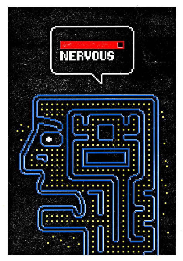 A blue Pac-Man style maze shaped like a human head on black, with a red meter reading NERVOUS.