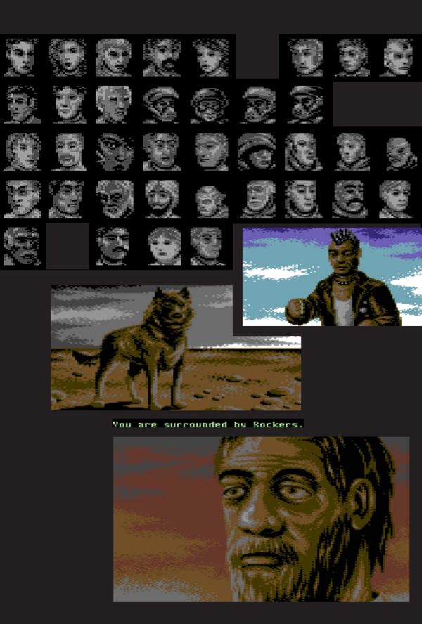A dark grid of pixel-art character portraits and screenshots from the Hungarian game Newcomer.