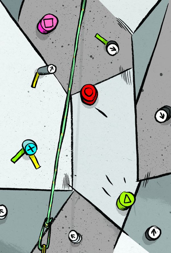 A flat illustration of a climbing wall's angled panels studded with colorful holds and a green rope.