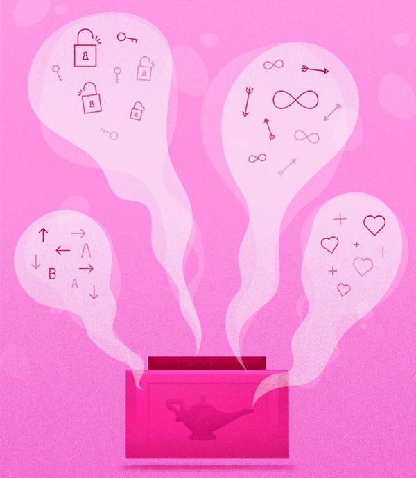 Pink illustration of a Game Genie cartridge emitting thought bubbles filled with padlocks, arrows and hearts