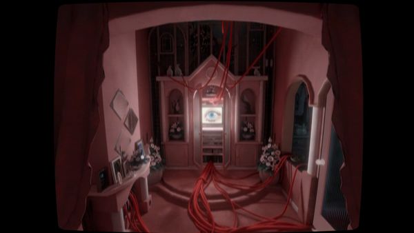 A surreal pink living room with white doves and red cables in The Great Orator