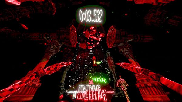 A neon-green flooded city seen in first person, with platforming rails threading between rooftops