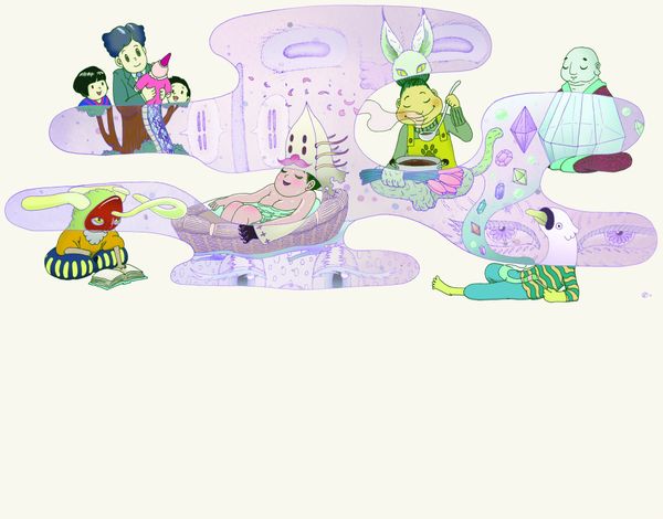 Pastel illustration of figures gathered on a floating cloud form