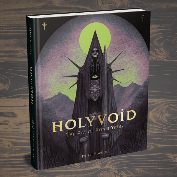 An ink drawing of a distorted robed liturgical figure from Adam Yates’s book Holyvoid.