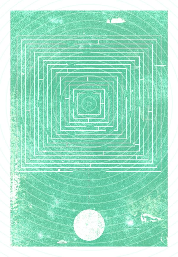 Concentric teal rectangles spiralling inward on a printed field of stars, a white circle low in the frame.