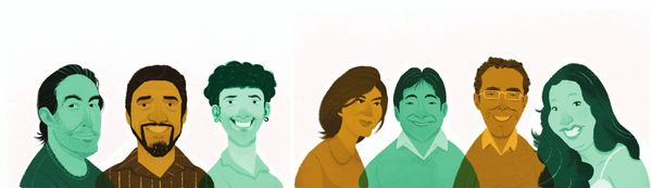 Illustrated portraits of seven Games for Change Latin America participants in green and ochre.