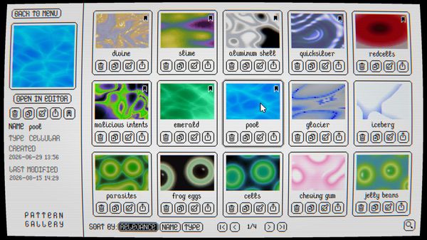 Grid of small animated noise patterns with hand-drawn labels in a pixel-styled gallery interface