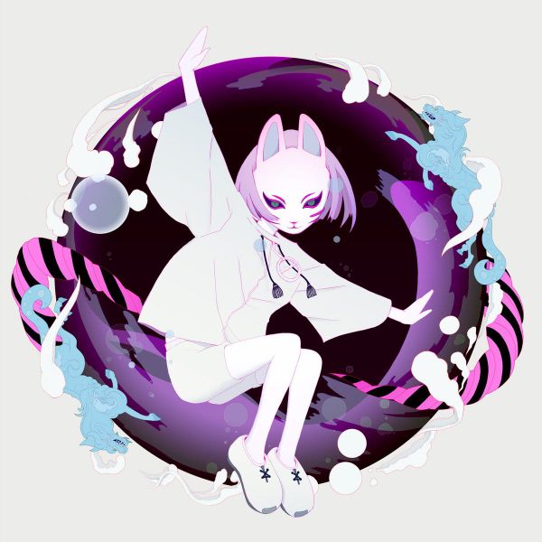Illustrated album cover: a figure in a white fox mask sits inside a swirling purple bubble ringed by pale creatures