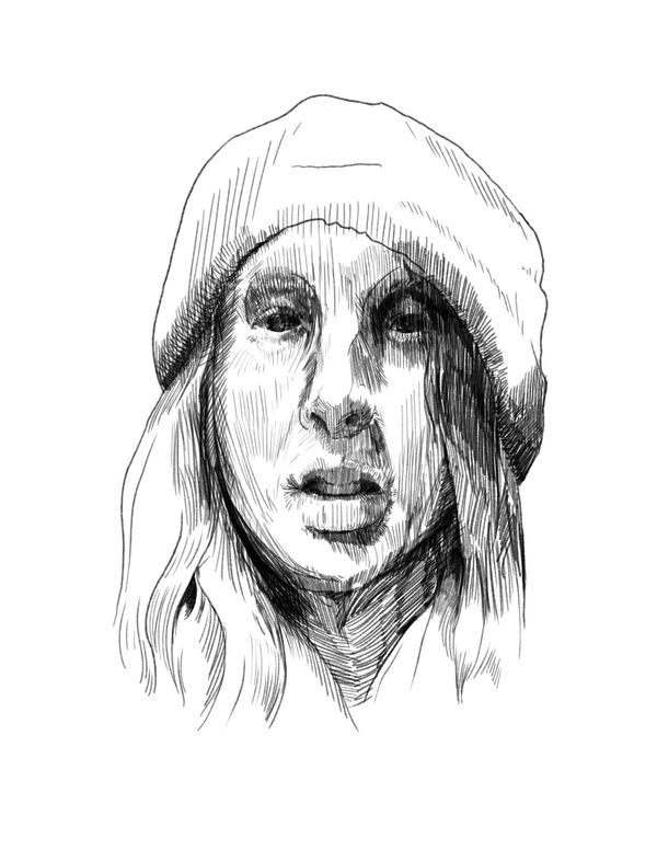 Pen-and-ink portrait of Kitty Horrorshow in a knit beanie