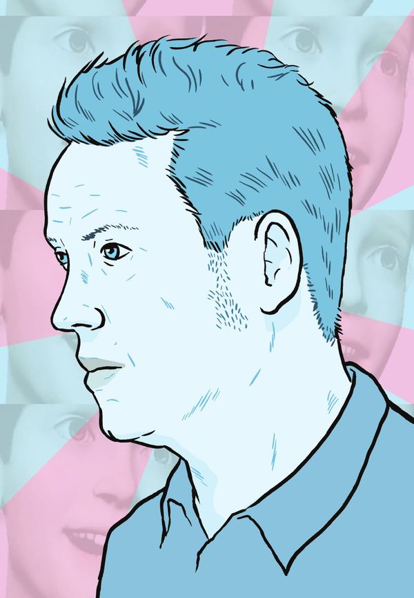 A line portrait of John Dower in profile, drawn in pale blue against a pink and blue background.