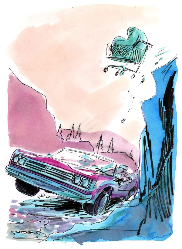 A watercolor of a pink lowrider crashed on a hillside, a shopping cart tumbling through the air above it.