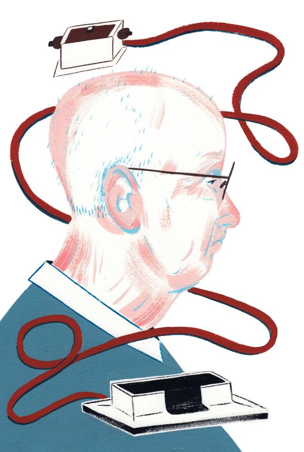 A line portrait of Ralph Baer in profile, a red cable looping from his head to an early console.