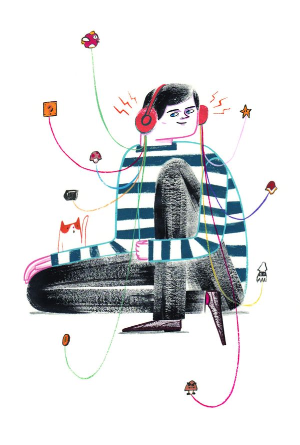 A figure in a striped shirt and headphones seated inside a coiled tangle of colored cable, small objects orbiting around them
