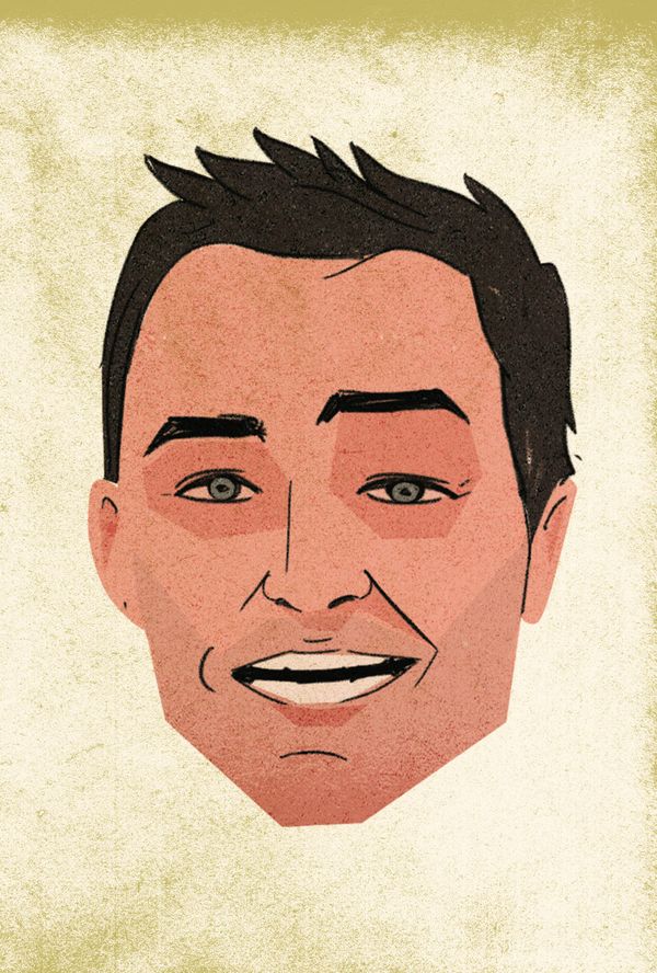 A flat-planed portrait of Nolan North grinning, rendered in warm pinks and browns on aged paper.
