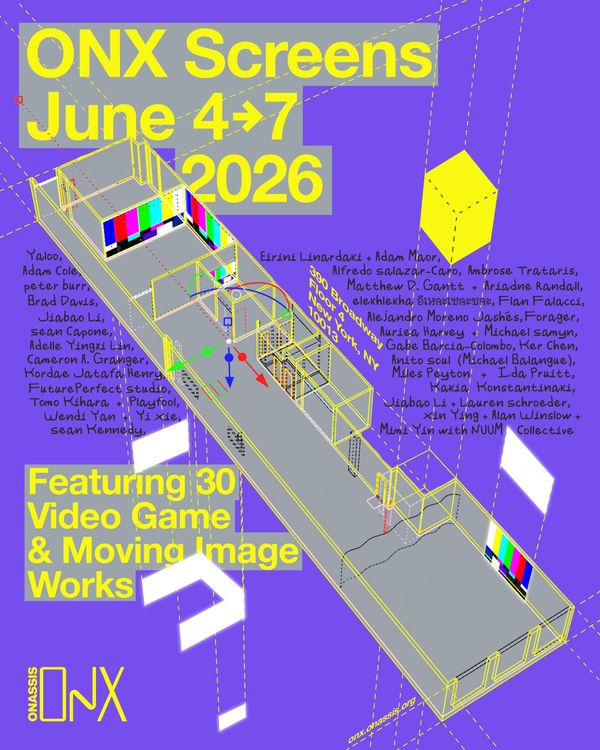 Exhibition poster with an isometric floor plan and text reading Featuring 30 Video Game and Moving Image Works