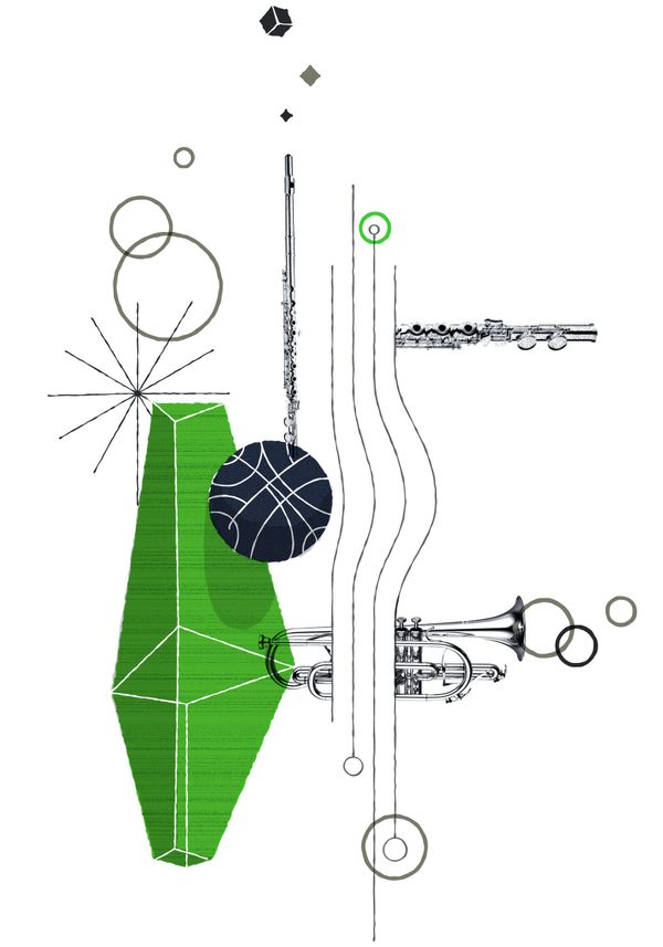 A schematic drawing of brass instruments and circles connected by wandering lines, anchored by a green faceted shape.