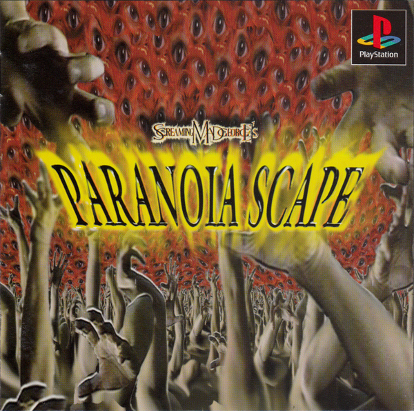 Cover art for the PlayStation game Paranoiascape, showing a mass of red grasping hands behind a stylised logo.