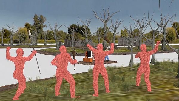 Four red 3D-scanned figures posed in a virtual field, from Jon Rafman’s Dream Journal
