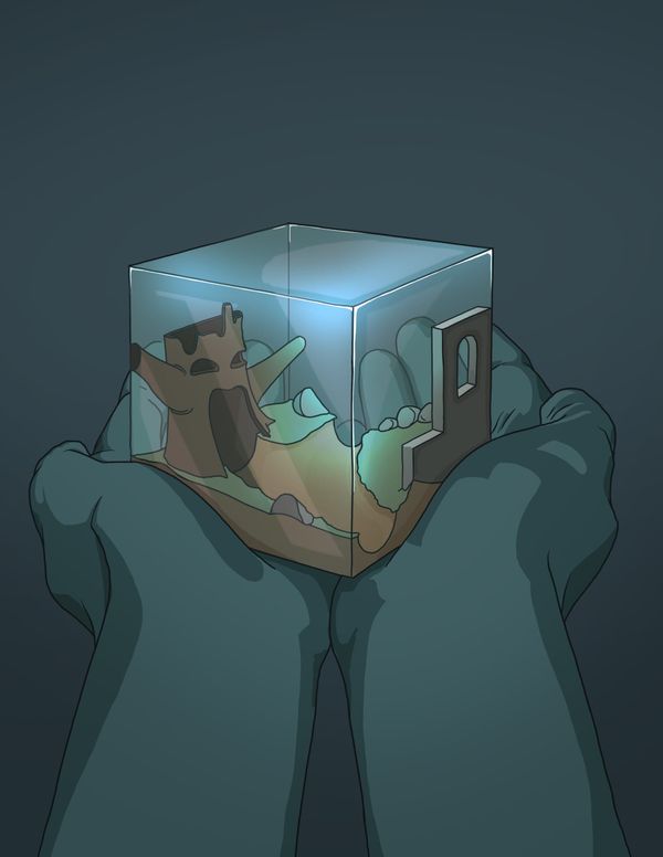 Illustration of two hands cradling a glowing cube that holds a tiny game landscape