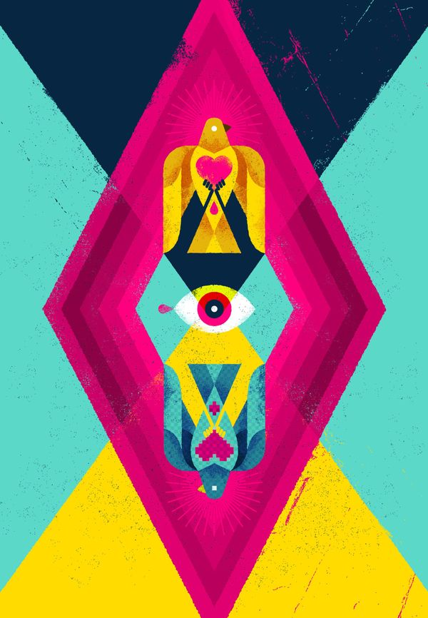A symmetrical figure in pink, yellow and teal diamonds with a single eye at its centre.