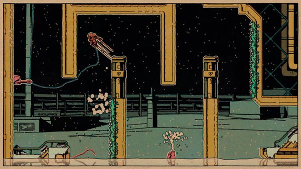 A comic-book styled platforming scene from Rebounder, printed in halftone dots