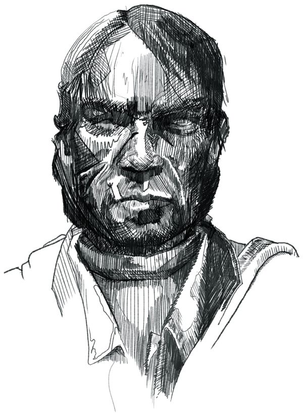 Pen-and-ink portrait of Red Dead Redemption outlaw John Marston, his face scarred