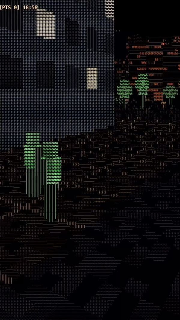 A city street rendered entirely in colored text characters, from the TerminalDev project reel