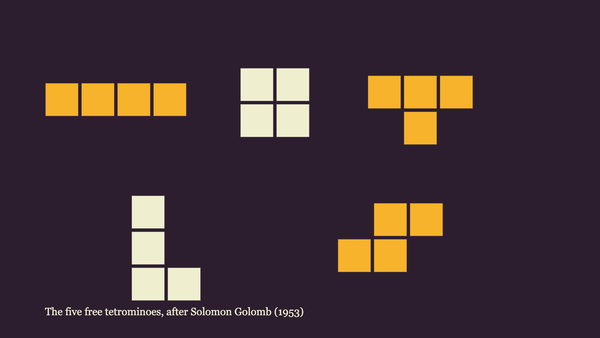 The five free tetromino shapes drawn in amber and cream on a plum background