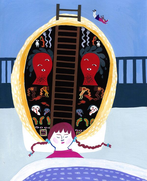 A girl in bed beneath an oval portal holding a ladder, flanked by red figures and jellyfish