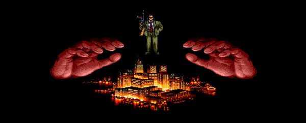 Two giant red hands cradle a glowing pixel-art city at night, a suited boss figure standing above it