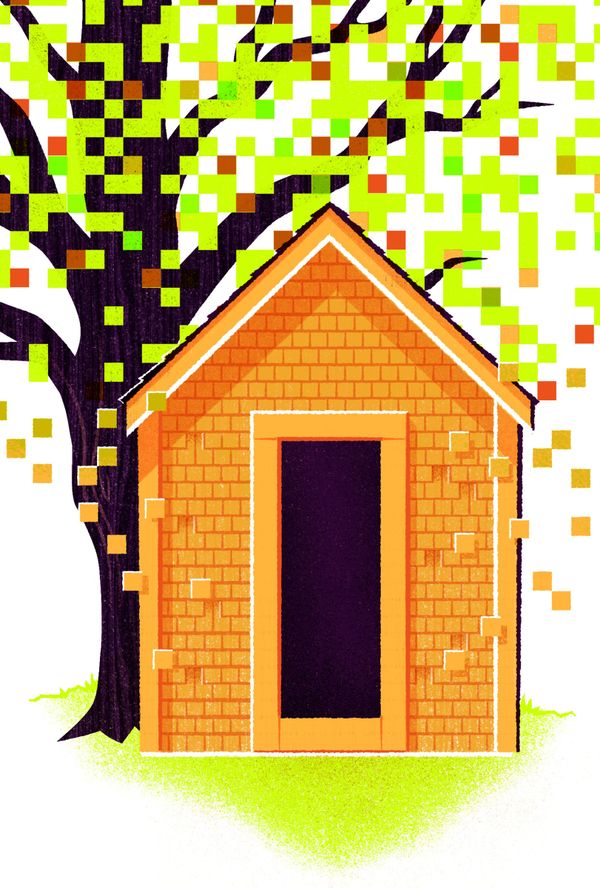 A small orange cabin under a bare tree, both dissolving into green and yellow pixels.