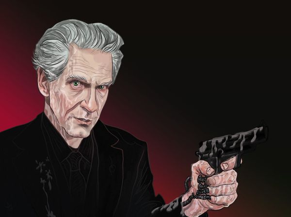 Painted portrait of David Cronenberg holding a fleshy handgun