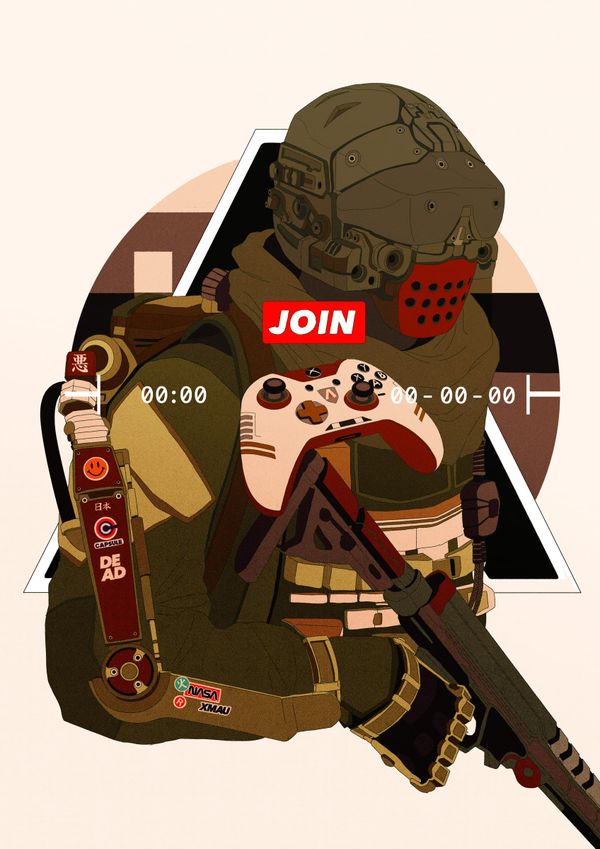 Illustration of a helmeted soldier holding a rifle and a game controller, a red JOIN patch on his chest