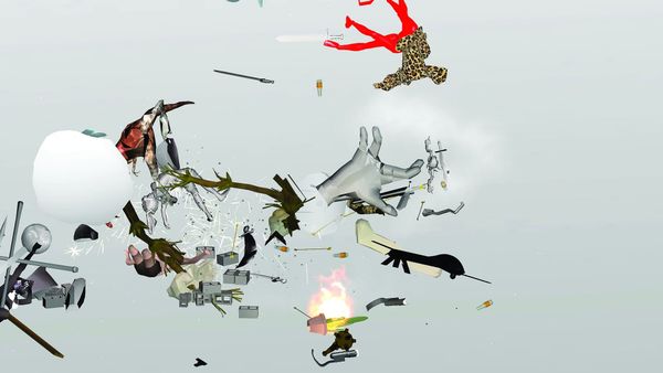 Objects and animals scattered mid air against a pale background