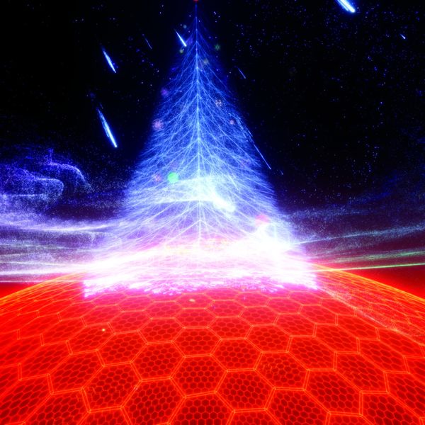 A luminous white fractal spire rising from a red hexagonal grid under a starfield, streaked with falling light.