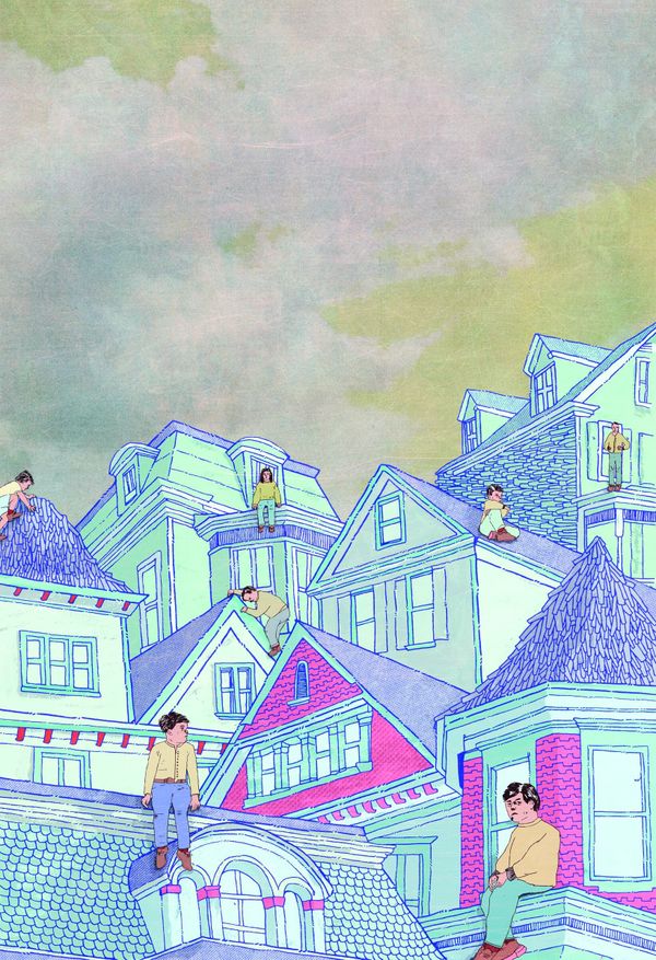 Pastel illustration of Victorian houses and people on a hillside street
