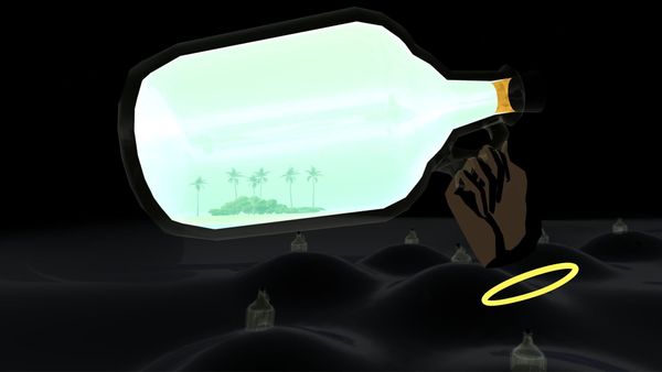 A hand holds up a glowing green ship in a bottle against darkness in The Under Presents
