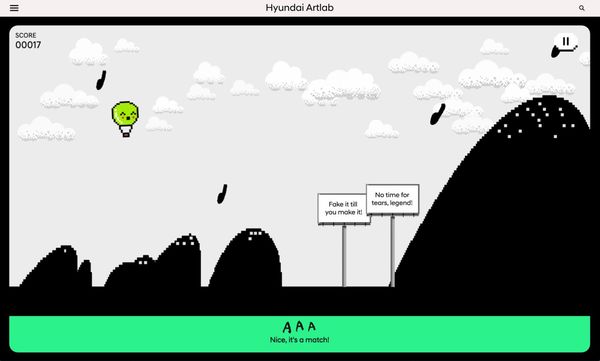 A pixel hot air balloon floats over black mountains past billboards reading upbeat slogans in Up and Away.