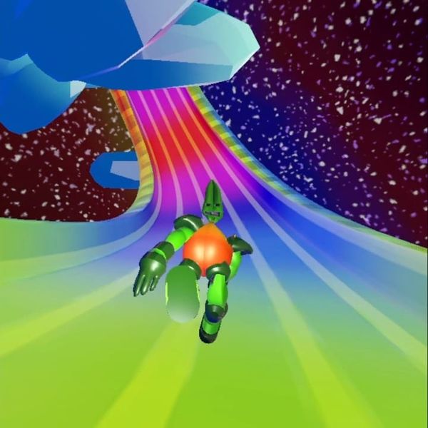 A colorful cartoon robot with a fruit-like head racing along a rainbow track through space