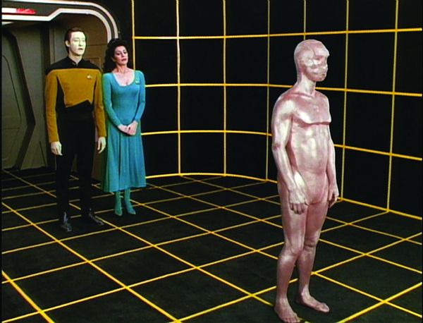Star Trek: The Next Generation characters on the holodeck grid