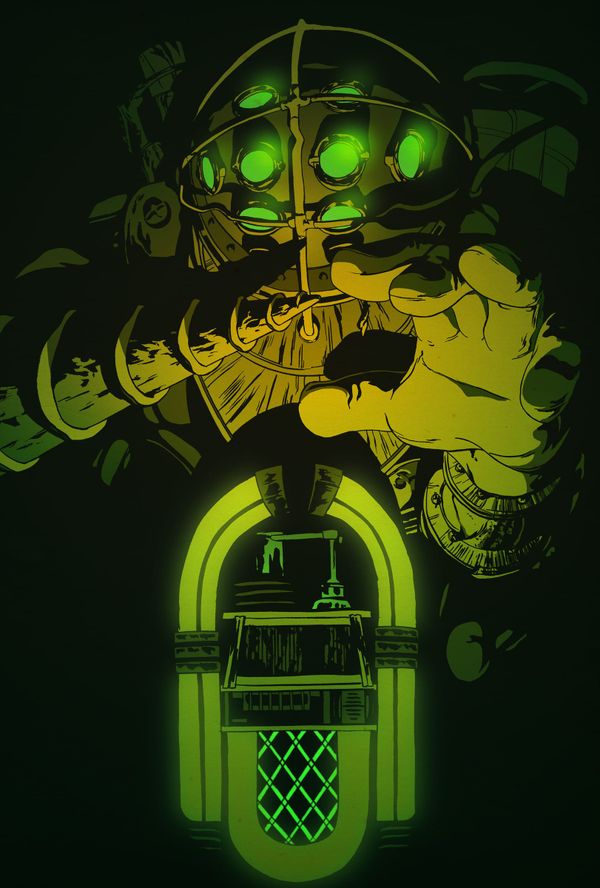 A Big Daddy diving suit rendered in sickly green and gold, a Circus of Values vending machine set into its chest.
