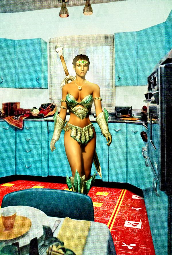 A Skyrim character in gilded armor standing in a 1960s turquoise kitchen, sword raised.