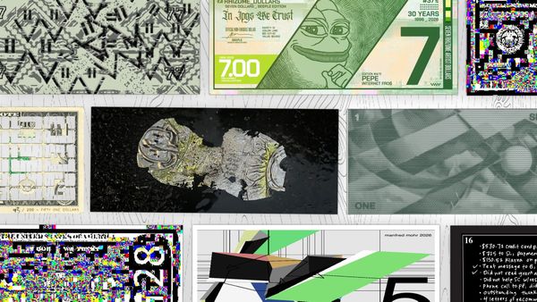 Overlapping artist-designed banknotes, among them a green $7 bill with a cartoon frog and a white $5 note of angular shapes