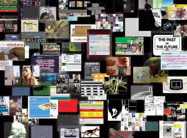 A dense grid of thumbnails from net art projects arranged on a black background