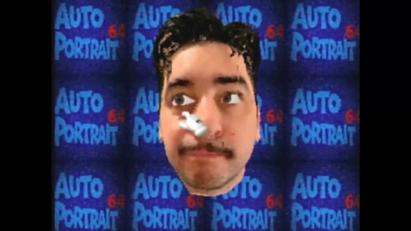 Florent Deloison's 3D head floating over a tiled Autoportrait 64 title background