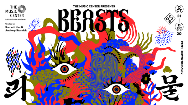 A dense, colorful illustration of plants, flames and staring eyes, with the title BEASTS in black lettering and the Korean word for monster in the corners.
