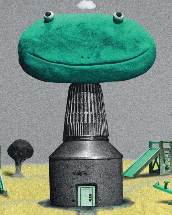 A clay frog head on a gray tower beside a playground slide, from a preview of Big Sally: Lake Emulator.