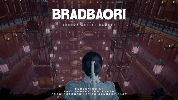 A figure seen from behind looks down into the tiered atrium of the Bradbury Building, with the title Bradbaori and screening details overlaid.